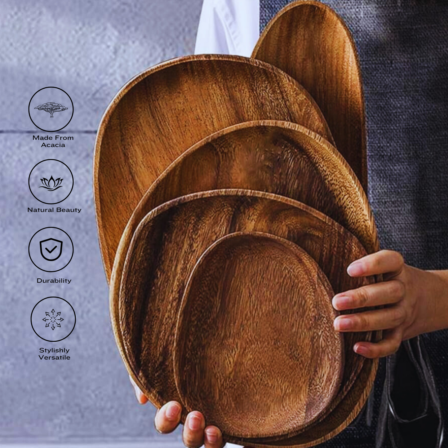 Elegant Oval-Shaped Acacia Wood Serving Trays | 5-Piece Set