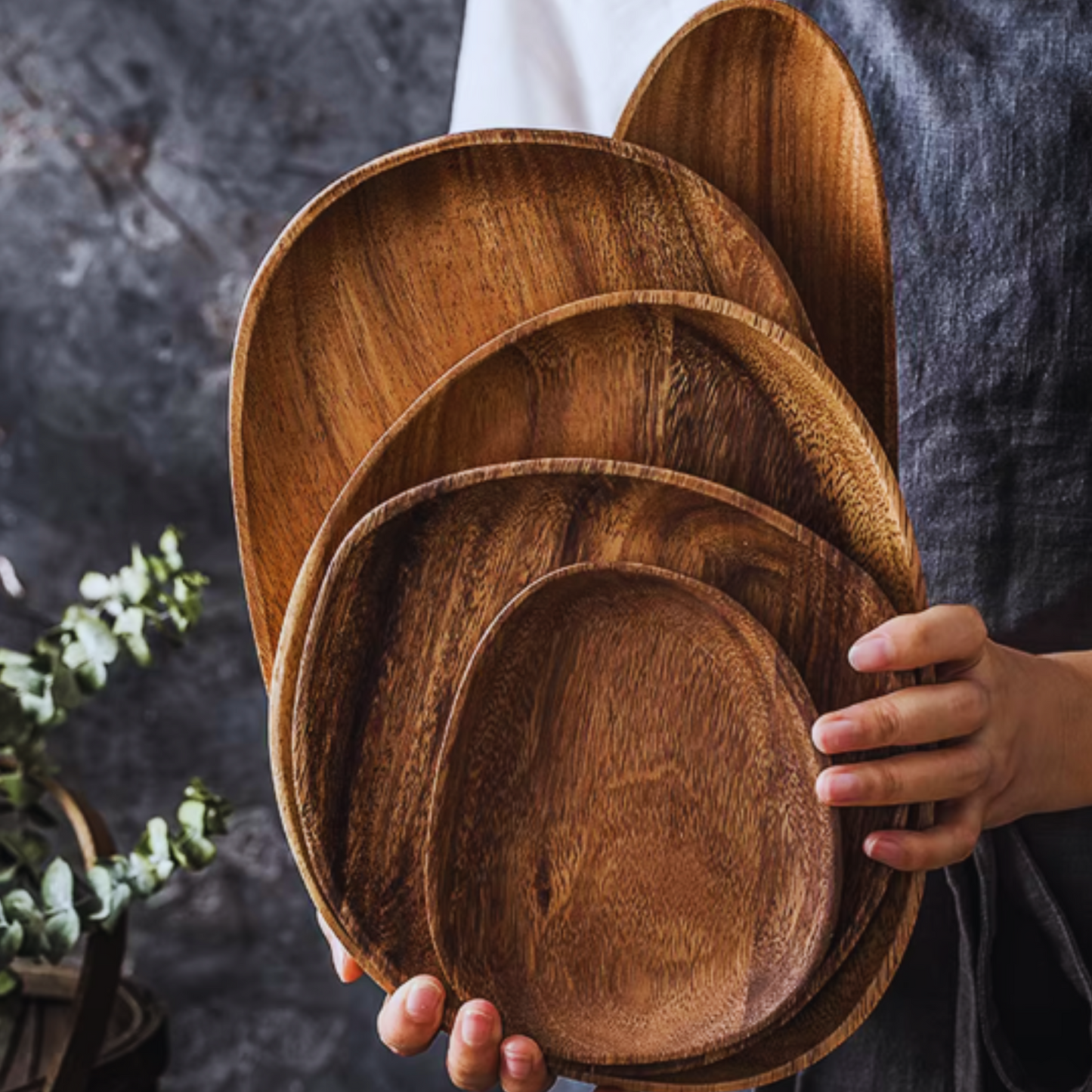 Elegant Oval-Shaped Acacia Wood Serving Trays | 5-Piece Set