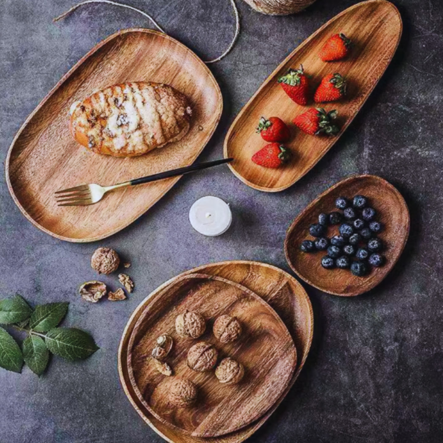 Elegant Oval-Shaped Acacia Wood Serving Trays | 5-Piece Set